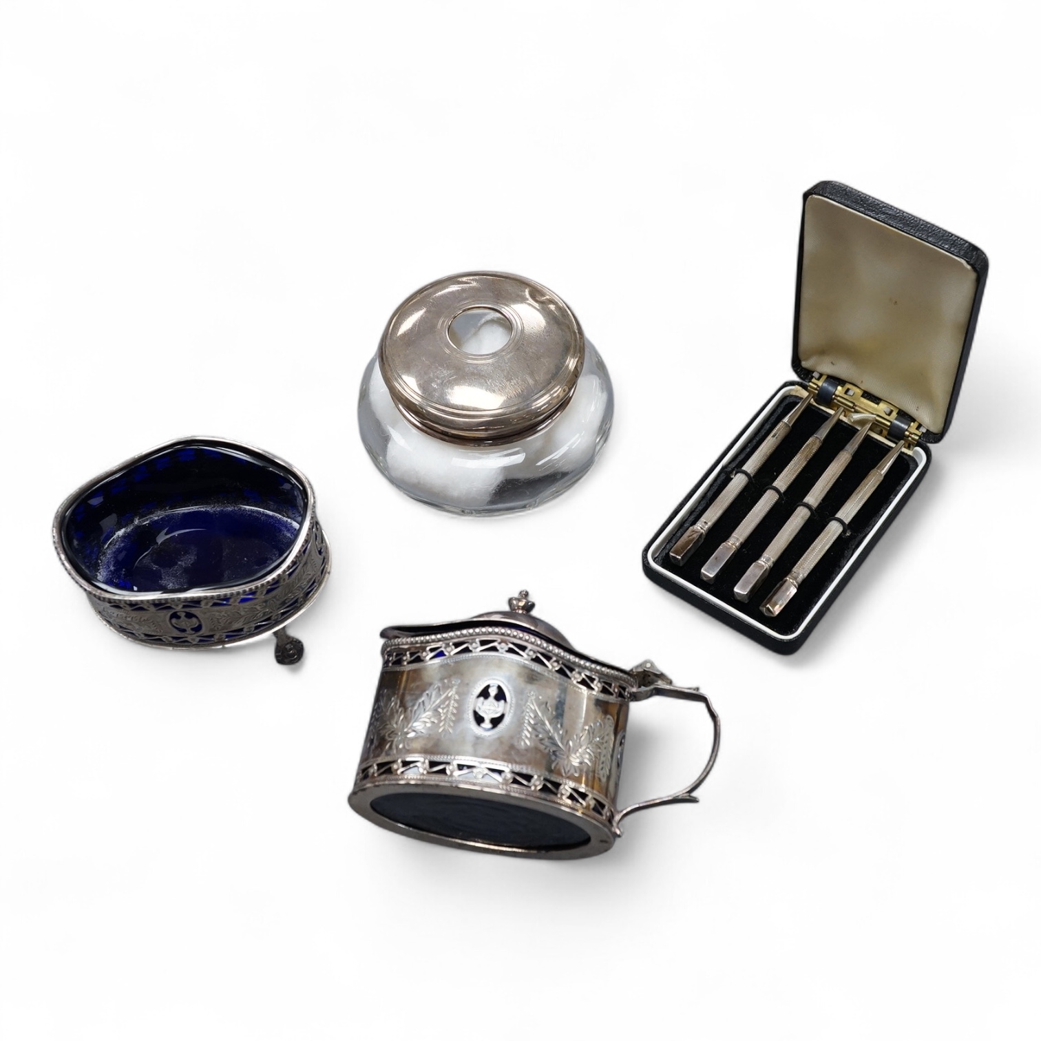An Elizabeth II George style piece silver mustard pot and salt by Da-mar Silverware, London, 1977, together with a sliver mounted glass tidy and a cased set of four sterling mounted bridge pencils.